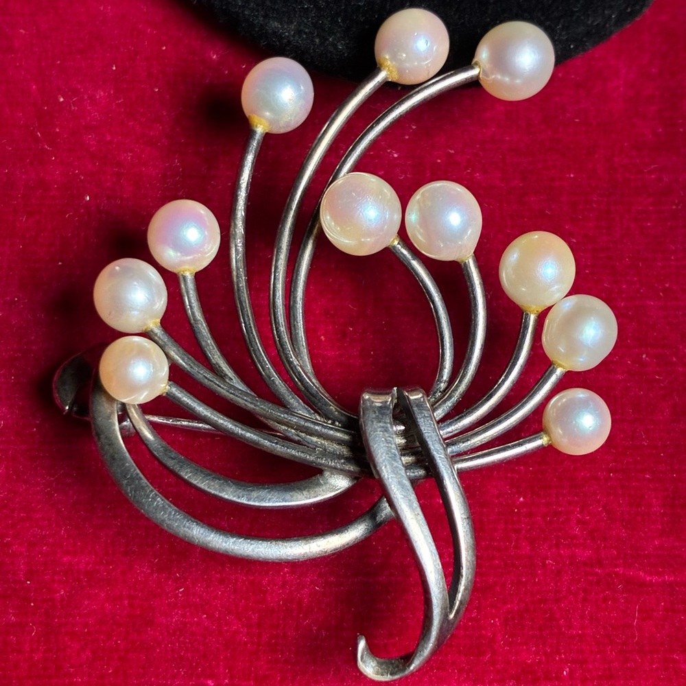 Vintage Japanese Akoya Pearl Sterling Silver Spray Brooch Pin - Picture 2 of 6
